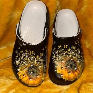 Ladies Customized Sunflower Crocs, Size 9.5 W. Made in China.